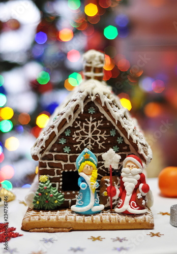 christmas cookies and decorations on bokeh background
