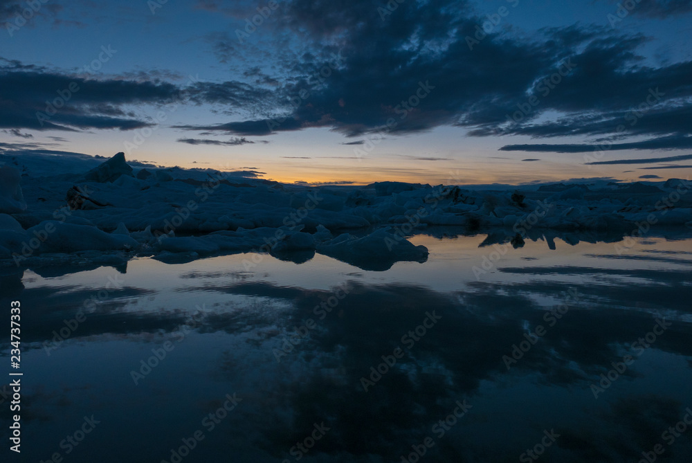 Sunset on Jökulsárlón glacial lake in Iceland