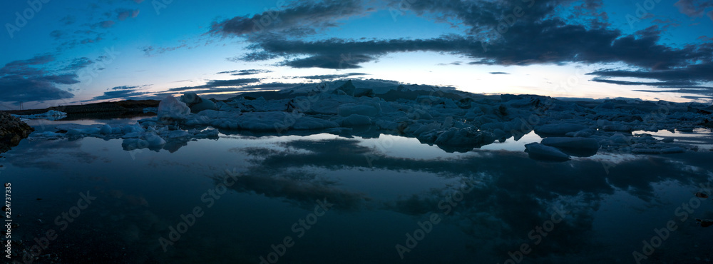 Sunset on Jökulsárlón glacial lake in Iceland