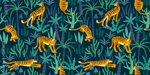 Seamless exotic pattern with tigers in the jungle.