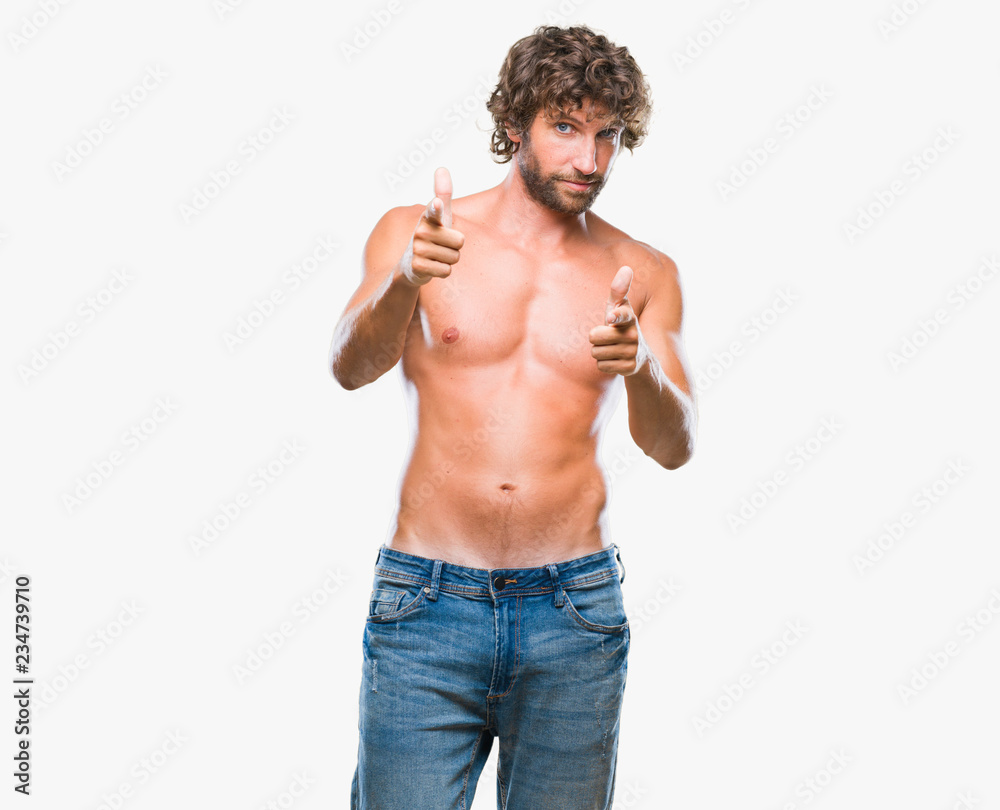 Handsome hispanic model man sexy and shirtless over isolated background  pointing fingers to camera with happy and funny face. Good energy and  vibes. Stock Photo | Adobe Stock
