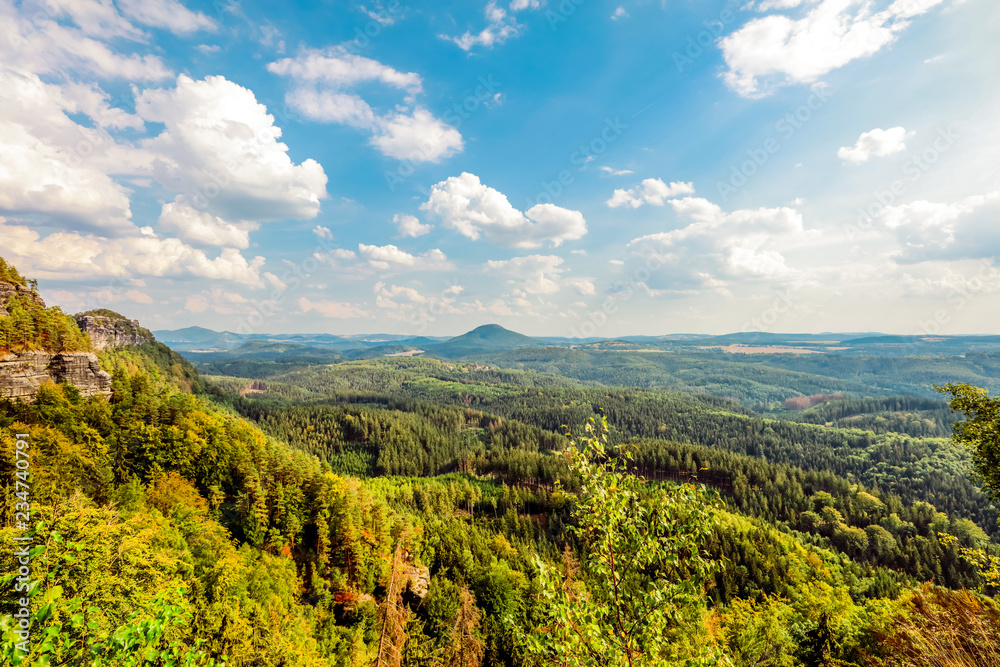 Czech national park, Bohemian Switzerland, Czech Republic. Sunshine aerial view of the tree forest.