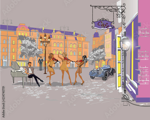 Series of colorful retro street views with fashion people in the old city. Hand drawn vector architectural background with historic buildings. Street musicians.

