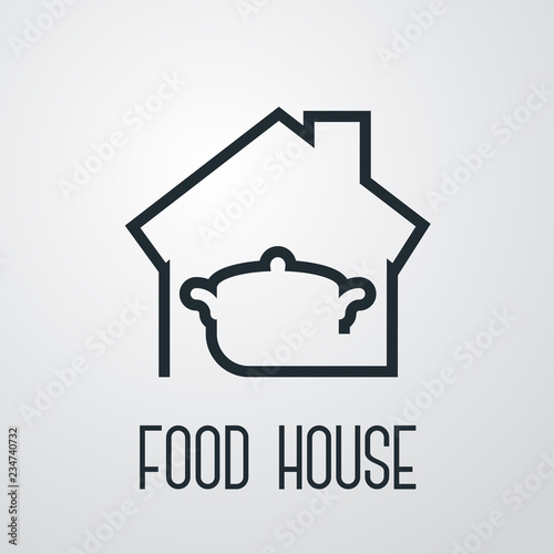 Logotipo con texto Food House con casa y olla lineal en fondo gris