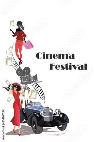 Poster with a retro cinema camera, retro car and fashion girls in red. Hand drawn vector illustration.
