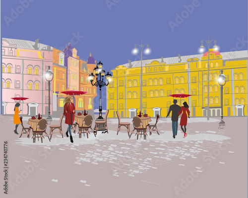 Series of colorful retro street views with fashion people in the old city. Hand drawn vector architectural background with historic buildings. Street musicians.
