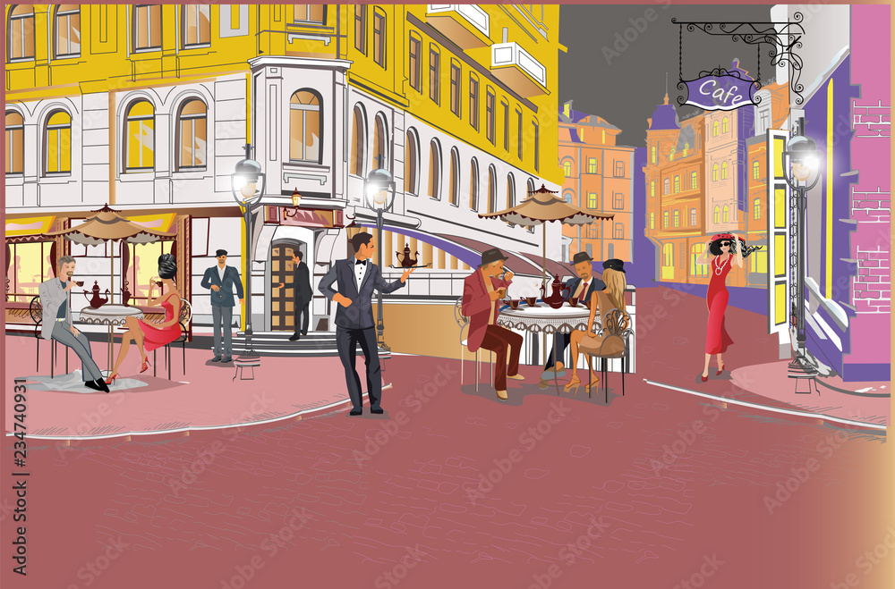 Series of colorful retro street views with fashion people in the old city. Hand drawn vector architectural background with historic buildings. Street musicians.
