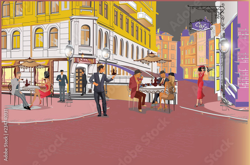 Series of colorful retro street views with fashion people in the old city. Hand drawn vector architectural background with historic buildings. Street musicians.
