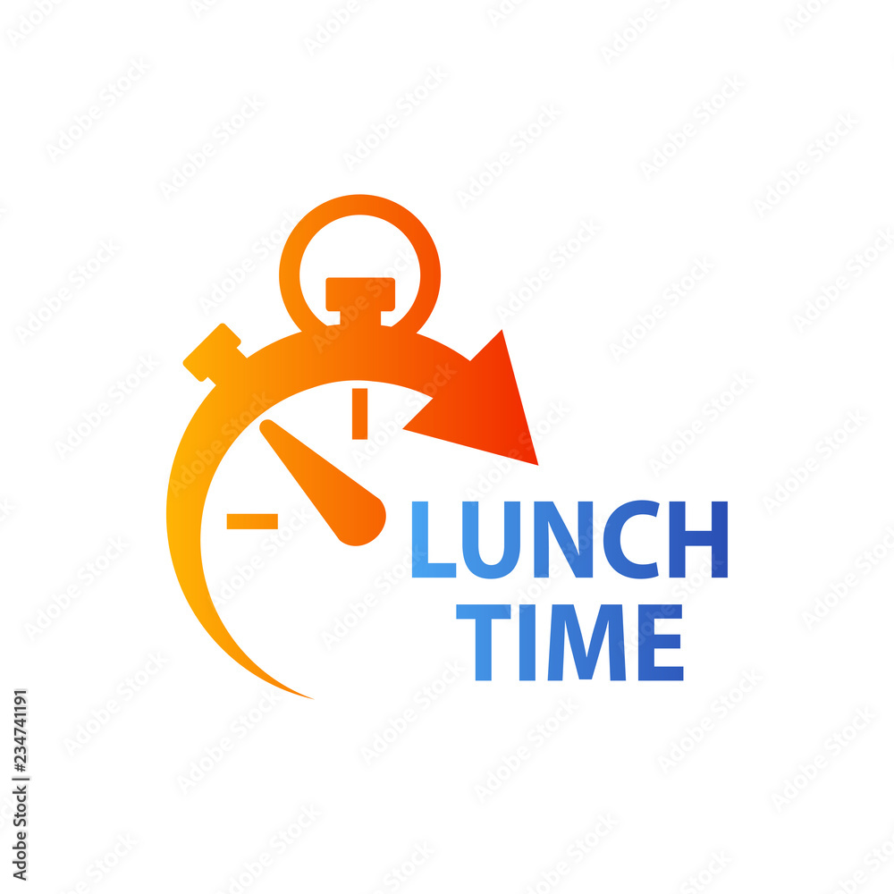 Icono plano con reloj con texto LUNCH TIME en naranja y azul Icono plano con reloj con texto LUNCH TIME en naranja y azul