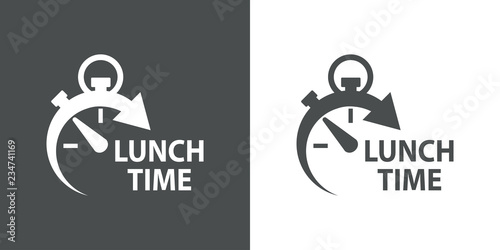 Icono plano con reloj con texto LUNCH TIME en gris y blanco