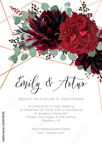 Wedding invite, invitation save the date card floral design. Red rose flower,...