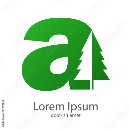 Logotipo con letra a minúscula con árbol espacio negativo en color verde