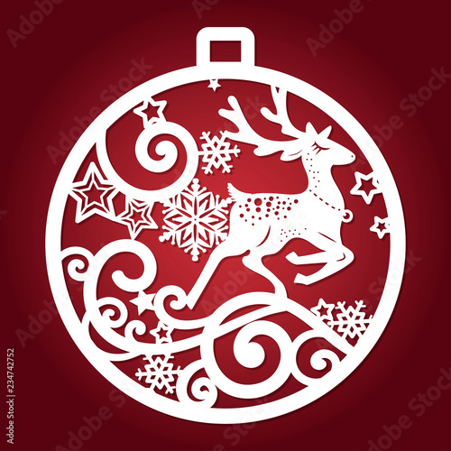 Template for laser cutting. Christmas ball with a deer and snowflakes. For design of cards, menu, Christmas decorations, etc. Vector