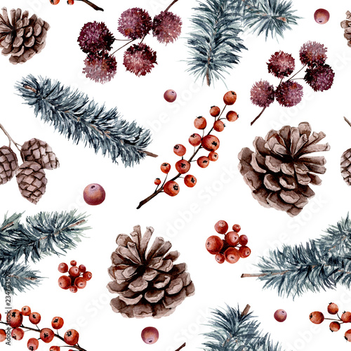 Seamless Pattern of Watercolor Christmas Tree Branches and Berries