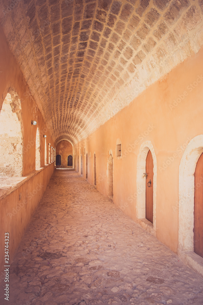 Obraz premium Passageway in the West Gate at the Arkadi Monastery, Arkadi, Crete, Greece.