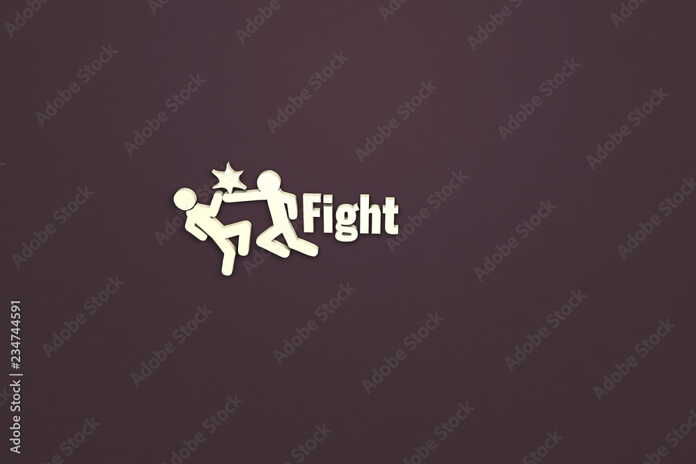 Obraz premium 3D illustration of Fight, yellow color and yellow text with brown background.