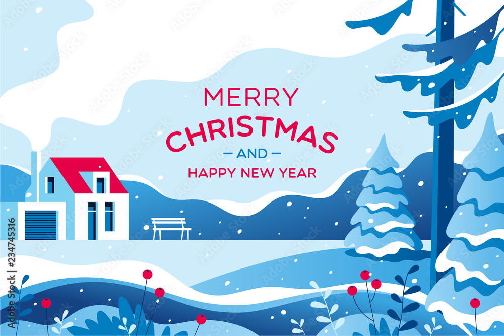 Merry Christmas card with winter landscape. Vector illustration.