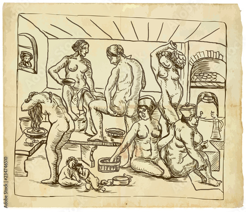 women in spa - an hand drawn illustration in vintage style