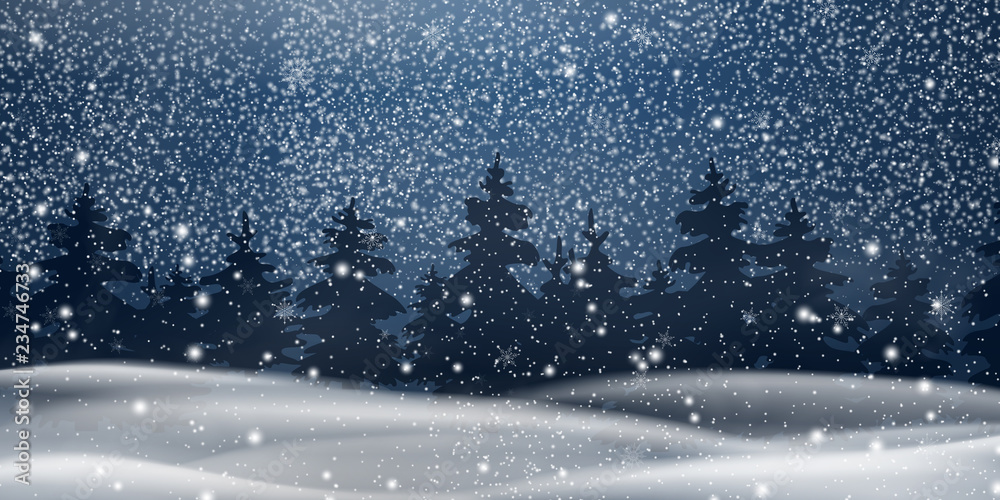 Christmas, night Snowy Woodland landscape. Winter background. Holiday  winter landscape for Merry Christmas with firs, coniferous forest, snow,  snowflakes. Christmas scene. Happy new year. Stock Vector | Adobe Stock