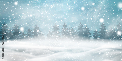 Natural Winter Christmas background with blue sky, heavy snowfall, snowflakes, snowy coniferous forest, snowdrifts. Winter landscape with falling christmas shining beautiful snow.
