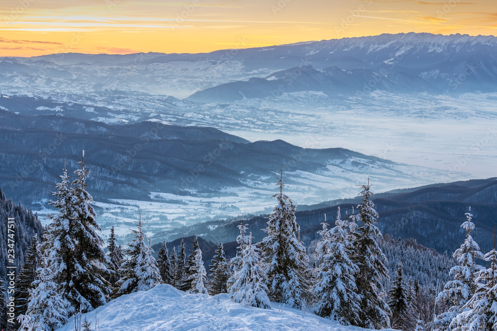 Winter landscape with golden sunset over Carpathians mountains, Romania. Snowy misty valleys at the base of Postavaru and Piatra Craiului mountains, Brasov county, Transylvania region.