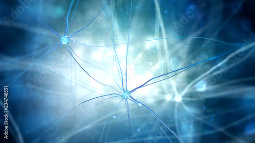 Neuron cells with glowing link knots. 3D illustration