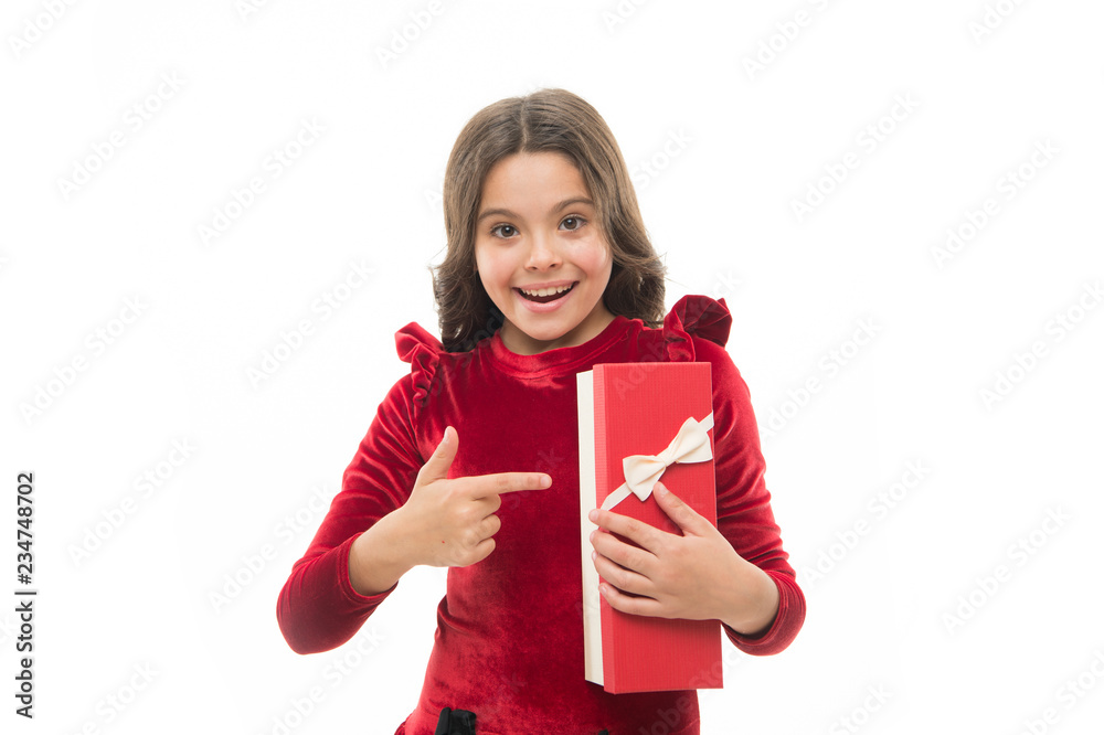Child excited about unpacking her gift. Small cute girl received holiday gift. Best toys and christmas gifts. Feeling so excited. Kid little girl in elegant dress hold gift box white background Child excited about unpacking her gift. Small cute girl received holiday gift. Best toys and christmas gifts. Feeling so excited. Kid little girl in elegant dress hold gift box white background