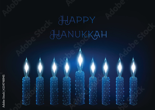 Happy hanukkah greeting card template with nine glowing burning candles on dark blue background.