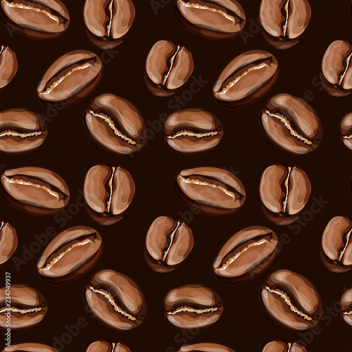 Aromatic roasted coffee beans on dark brown background seamless pattern.