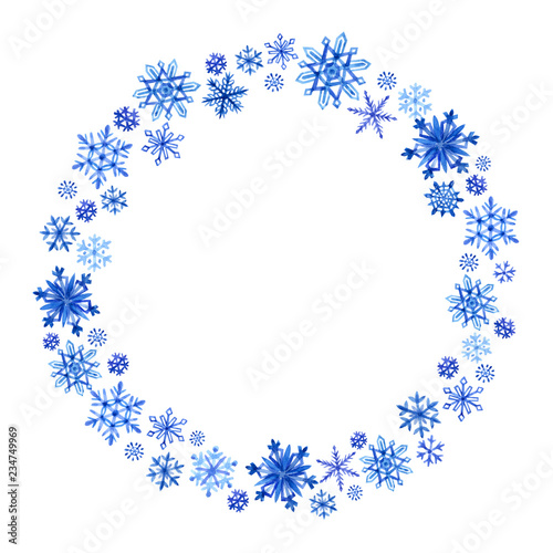 Round frame of snowflakes  watercolor painting on white background isolated