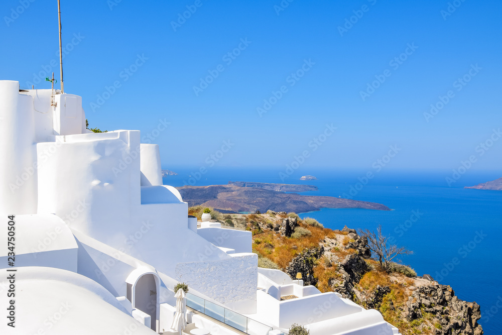 Traditional white architecture of the Cyclades with views over volcanic caldera, Santorini Island, Greece