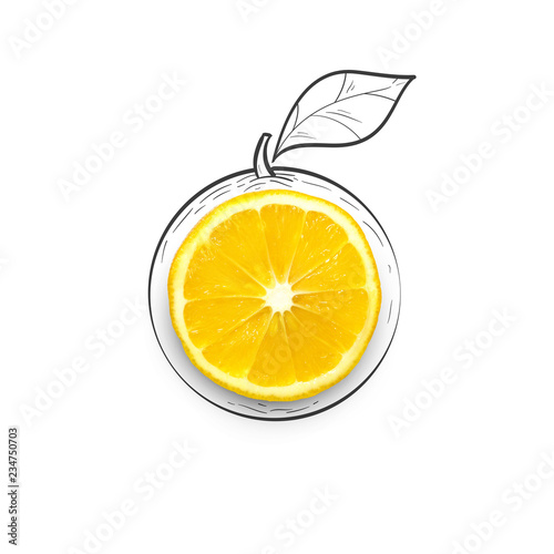 Fruit composition with fresh lemon and cartoon cute doodle drawing elements on isolated white background. Creative minimalistic food concept.