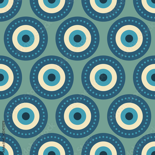 Beautiful clean turkish eye vector pattern with round nazar elements, seamless repeat. Modern flat style in muted color palette. Great for apparel design, packaging & paper products, souvenirs etc.