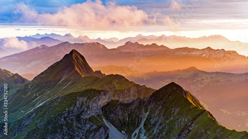 Switzerland, beautiful mountain landscape at sunset in the Swiss Alps, brienzer Rothorn, Interlaken, berner Oberland photo