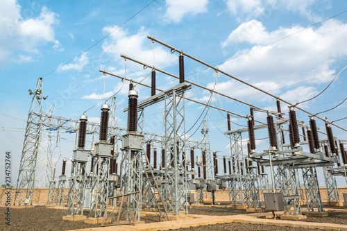 Obraz w ramie High voltage transformer modern substation electrical switchyard.