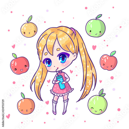 Cute vector illustration. Kawaii Anime girl. working people