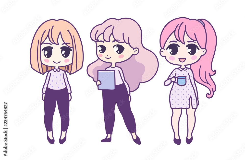 Cute vector illustration. Kawaii Anime girl. working people