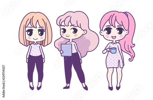 Cute vector illustration. Kawaii Anime girl. working people