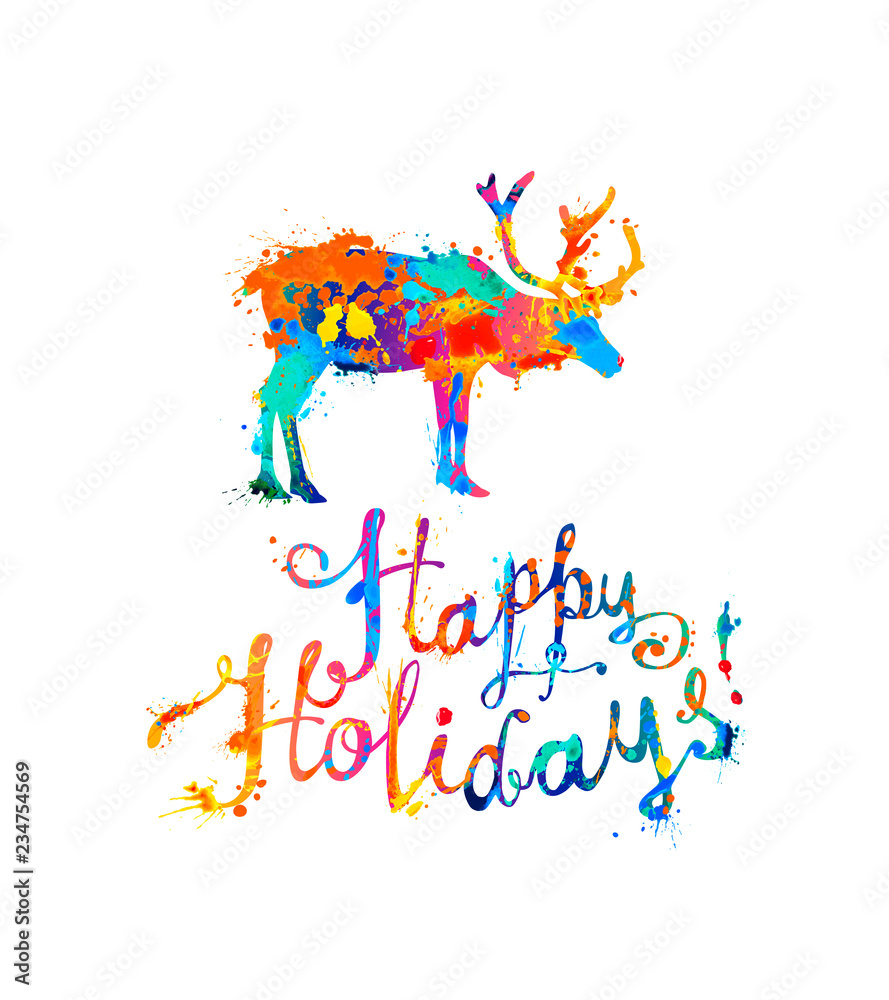 Obraz Happy holidays. Card with reindeer. Splash paint lettering