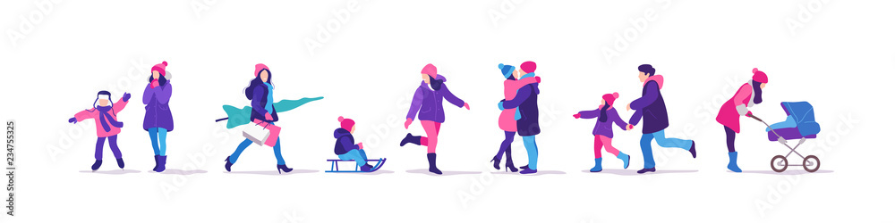Winter time. Set of people strolling. Outdoor activities. Vector illustration.