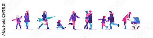 Winter time. Set of people strolling. Outdoor activities. Vector illustration.