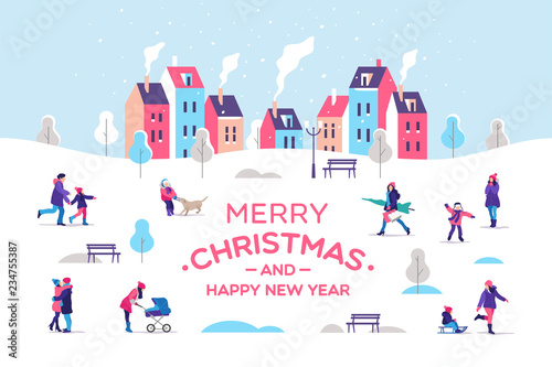 Merry Christmas and a Happy New Year greeting card. Snowy street. Urban landscape with people. Vector illustration.