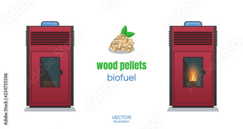 Pellet stove. Fireplace House heating. The Furnace turned on with fire inside. Vector stock illustration.