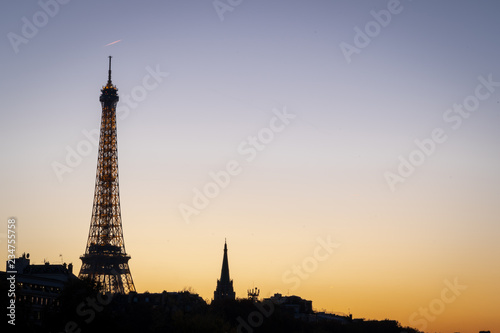 Paris, France - 11 18 2018: panoramic view of Paris and the Eiffel Tower from the Alexander III bridge at sunset © Franck Legros