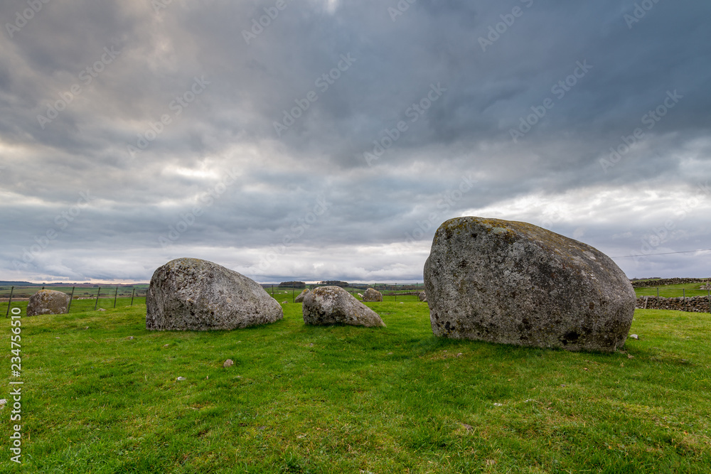 Torhouse Stone Circle, Newton Stewart, Dumfries and Galloway, Southern Scotland under heavy and dramatic skies