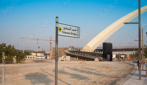 street sign to Tolerance Bridge, Dubai city. UAE