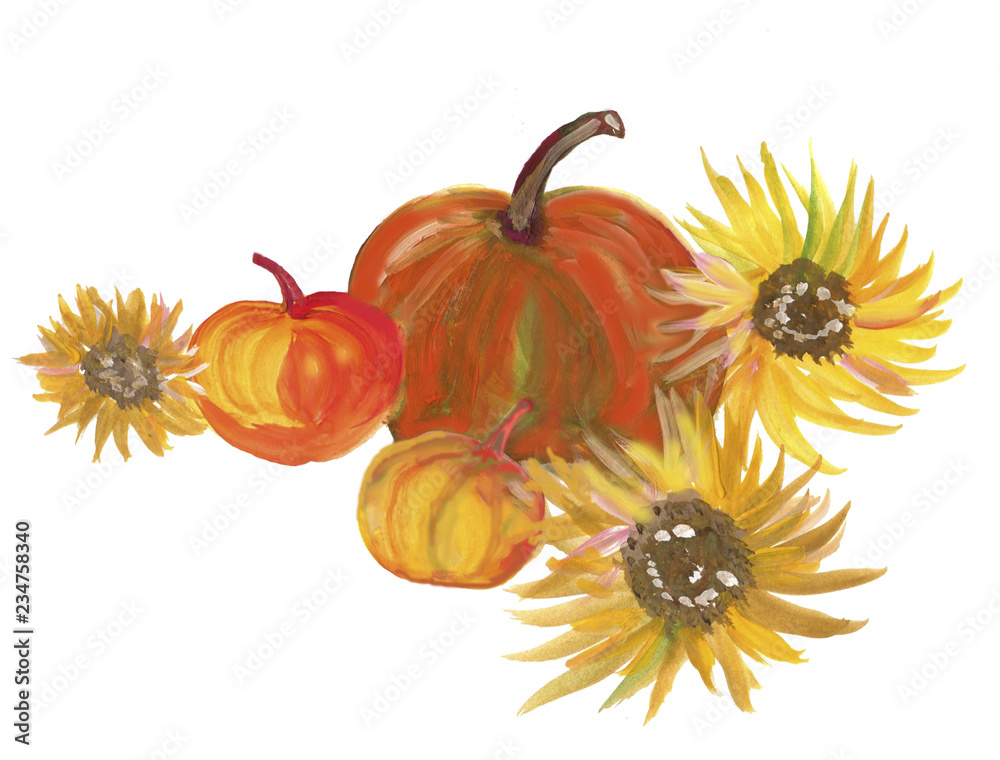 Fototapeta premium Pumpkins and sunflowers on an isolated background. Hand drawn in watercolor