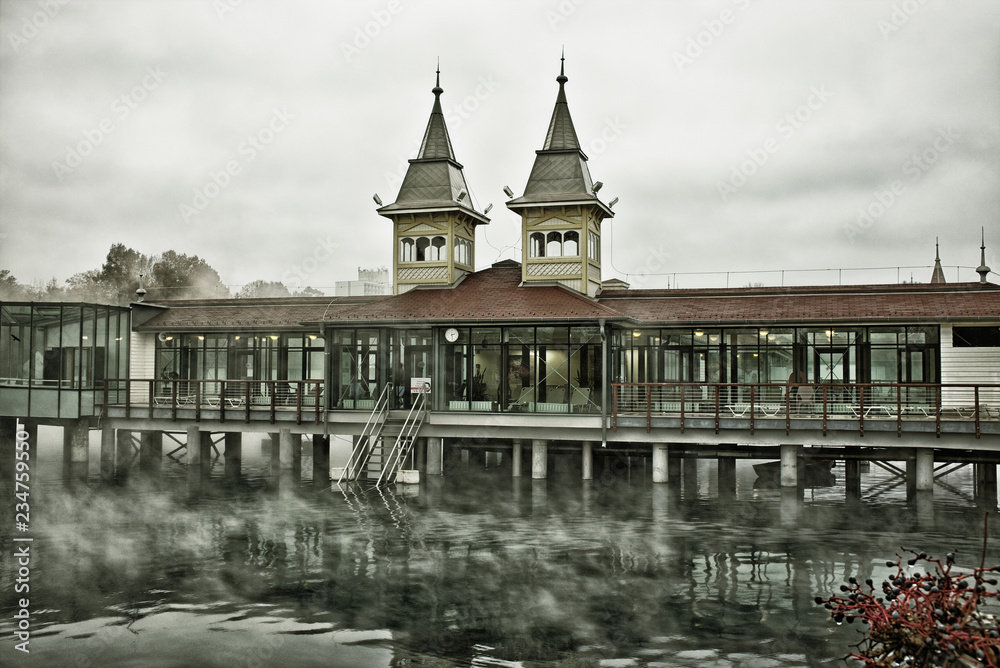 Heviz spa natural thermal lake in winter in Hungary. HDR image with black gold filter.