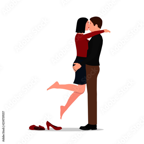 A woman passionately kisses her boyfriend. A man holds a girl and a girl kisses him.