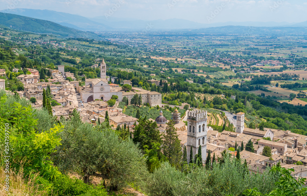Panoramic view in Assisi with the Basilica of Santa Chiara. Umbria, Italy.